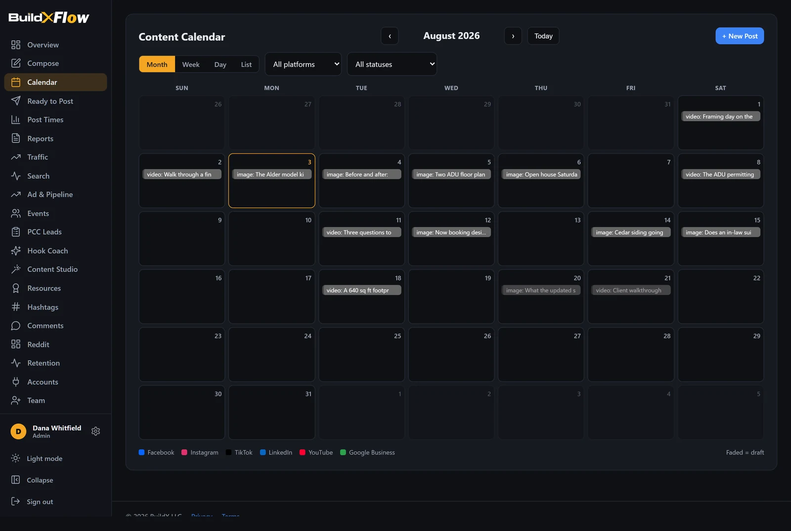 Content calendar for a month with posts colour-coded by platform.