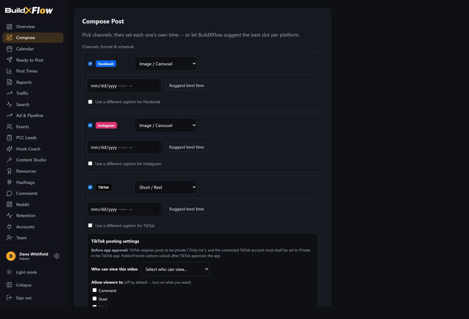 The BuildXFlow composer with three channels selected and a caption written.
