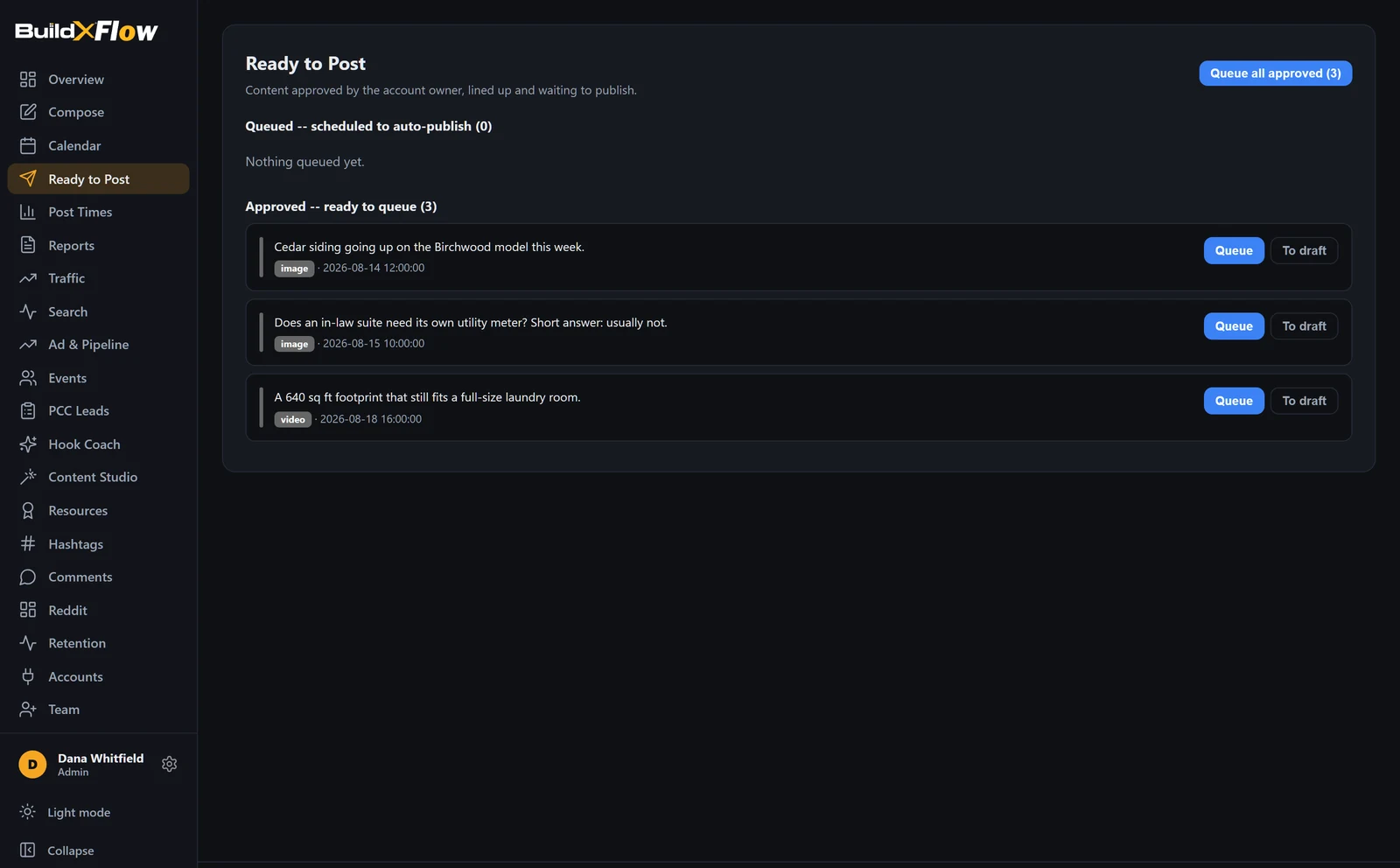 Ready to Post queue of approved content.